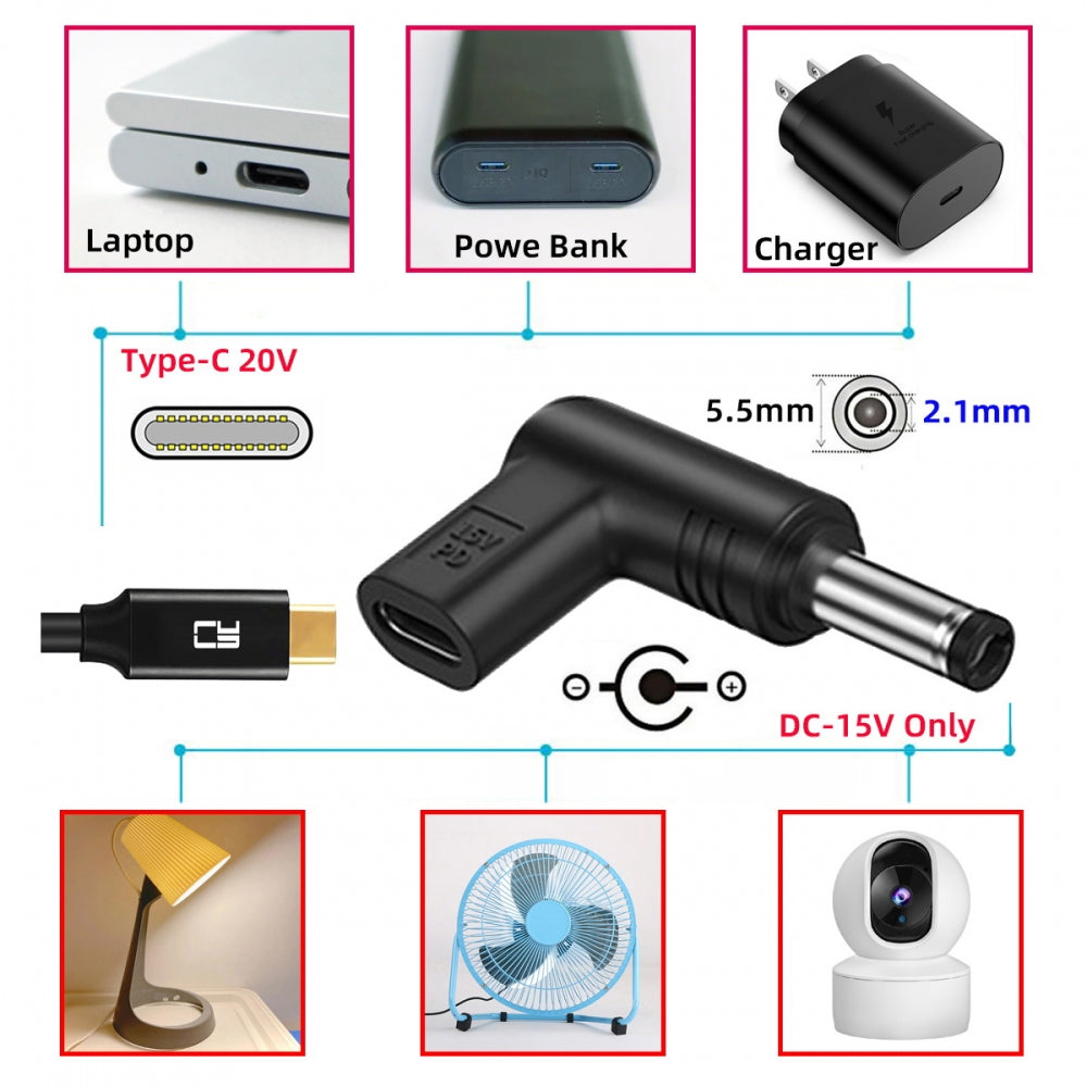 USB 3.1 Type C USB-C Female Input to DC 15V 5.5x2.1mm Plug Output Adapter PD Emulator Trigger 90 Degree Angled