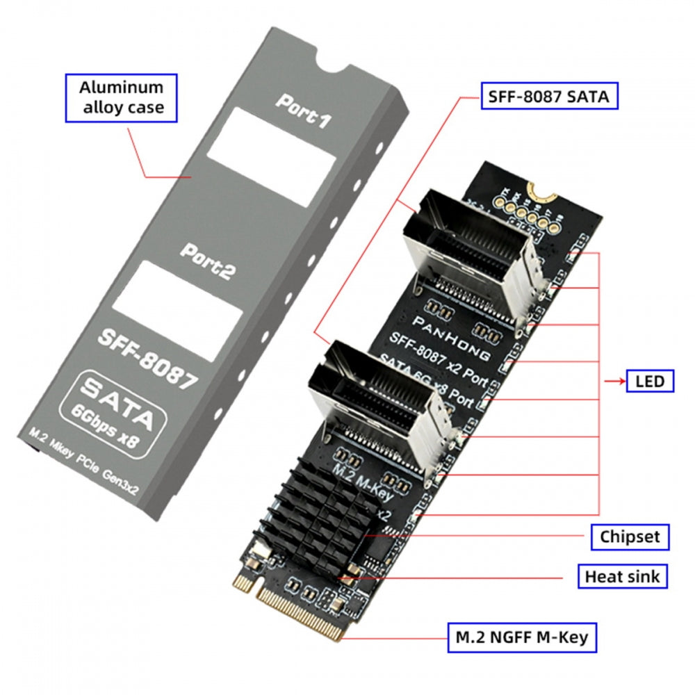 NGFF NVME M-Key PCI Express to Dual SFF-8087 8-Ports SATA 3.0 6Gbps Adapter Converter Hard Drive Extension Card 2280