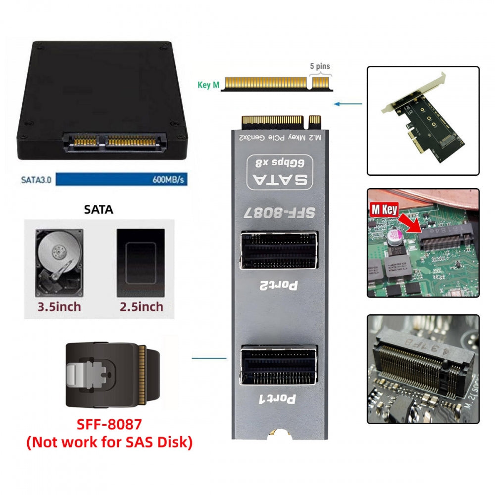 NGFF NVME M-Key PCI Express to Dual SFF-8087 8-Ports SATA 3.0 6Gbps Adapter Converter Hard Drive Extension Card 2280