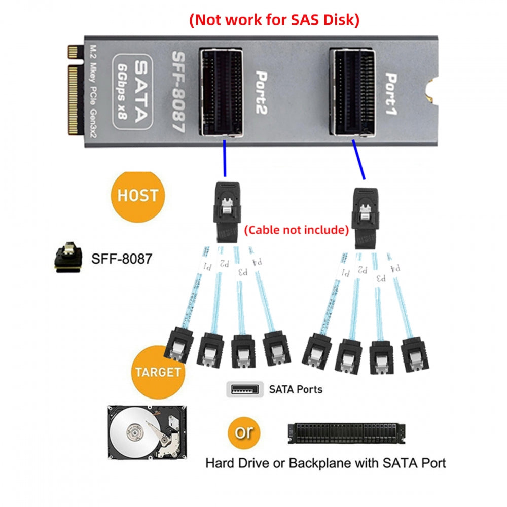 NGFF NVME M-Key PCI Express to Dual SFF-8087 8-Ports SATA 3.0 6Gbps Adapter Converter Hard Drive Extension Card 2280