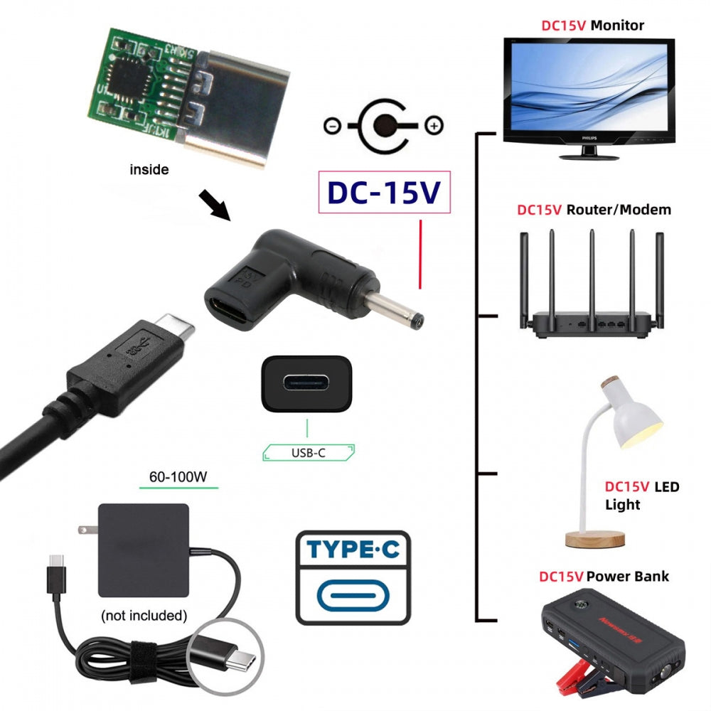 USB 3.1 Type C USB-C Female Input to DC 15V 3.0x1.1mm Plug Output Adapter PD Emulator Trigger 90 Degree Angled