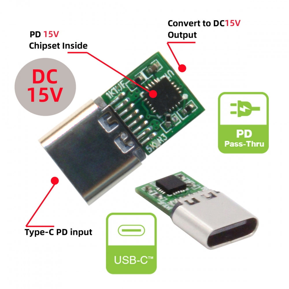 USB 3.1 Type C USB-C Female Input to DC 15V 3.0x1.1mm Plug Output Adapter PD Emulator Trigger 90 Degree Angled