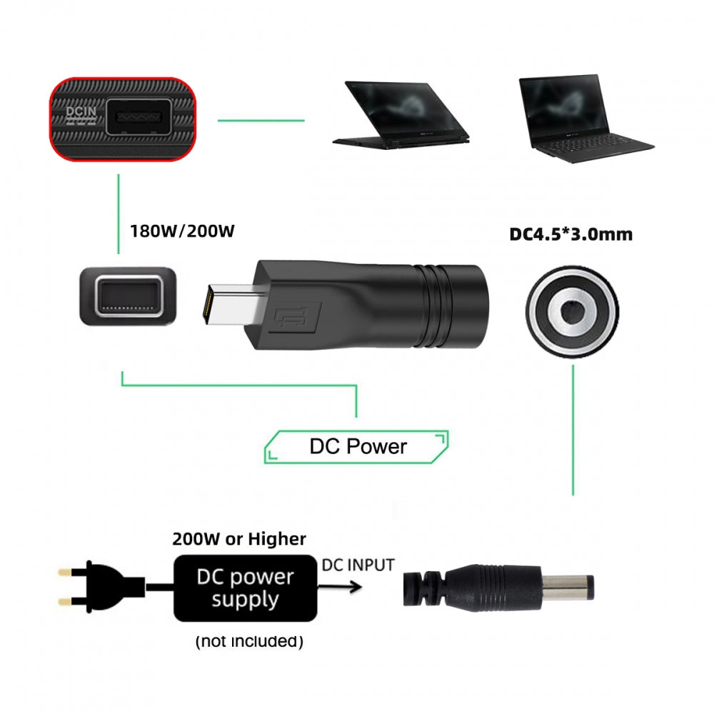 180W 200W Power DC Jack 4.5*3.0mm Input to Flow 14 16 Air Rectangle Plug Charge Adapter Compatible with ROG Laptop