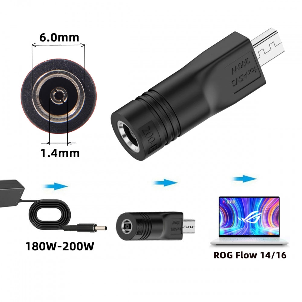 180W 200W Power DC Jack 6.0*1.4mm Input to Flow 14 16 Air Rectangle Plug Charge Adapter Compatible with ROG Laptop