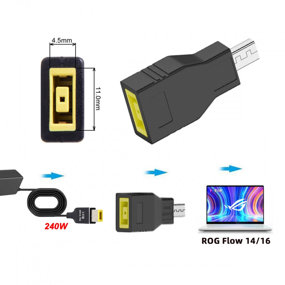240W Power Rectangle Jack Thinkpad X1 Input to Flow Z13 14 16 Air Rectangle Plug Charge Adapter Compatible with ROG Laptop