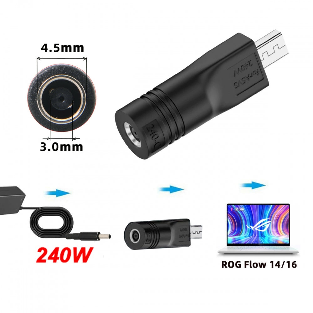 240W Power DC Jack 4.5*3.0mm Input to Flow Z13 14 16 Air Rectangle Plug Charge Adapter Compatible with ROG Laptop