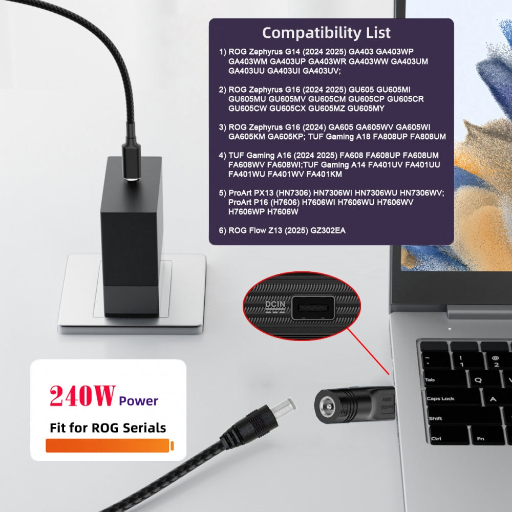240W Power DC Jack 5.5*2.5mm Input to Flow Z13 14 16 Air Rectangle Plug Charge Adapter Compatible with ROG Laptop
