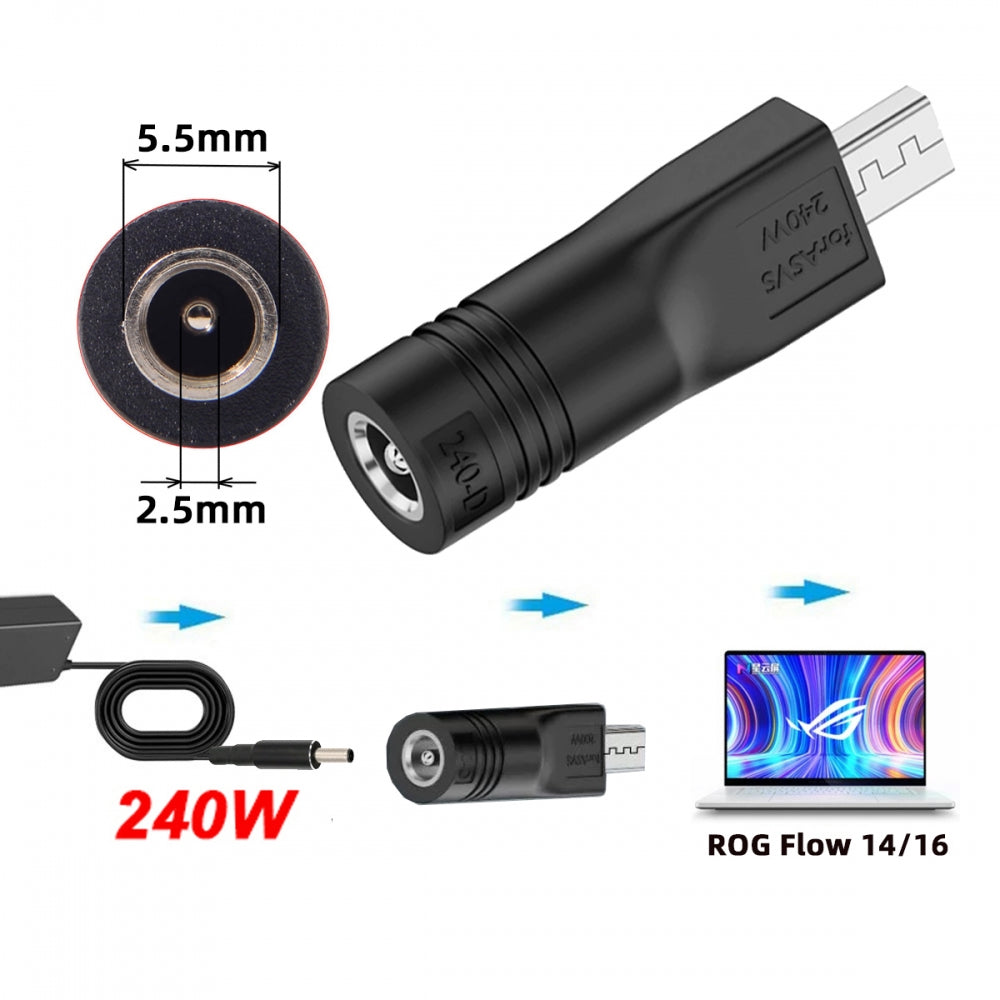 240W Power DC Jack 5.5*2.5mm Input to Flow Z13 14 16 Air Rectangle Plug Charge Adapter Compatible with ROG Laptop