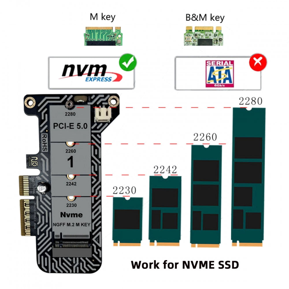 Low Profile PCI-E 5.0 PCI Express 4.0 X4 Lane to M.2 NGFF M-Key SSD NVME Adapter Card with Heat Sink
