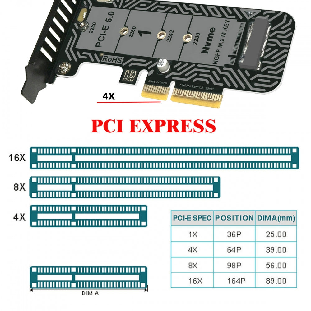Low Profile PCI-E 5.0 PCI Express 4.0 X4 Lane to M.2 NGFF M-Key SSD NVME Adapter Card with Heat Sink