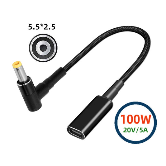 100W Type-C USB-C Female Input to DC 5.5*2.5mm Plug Output Power 20V 5A PD Charge Cable 16cm for Laptop