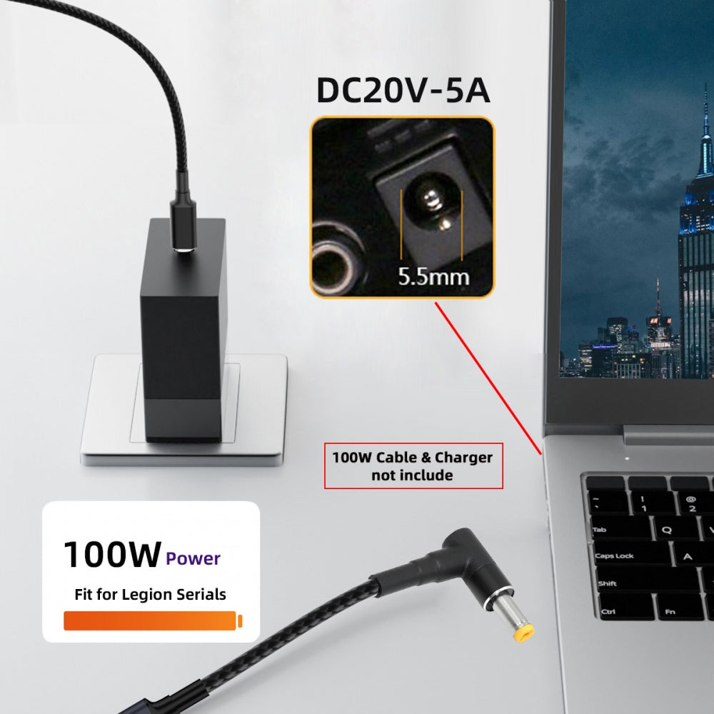 100W Type-C USB-C Female Input to DC 5.5*2.5mm Plug Output Power 20V 5A PD Charge Cable 16cm for Laptop