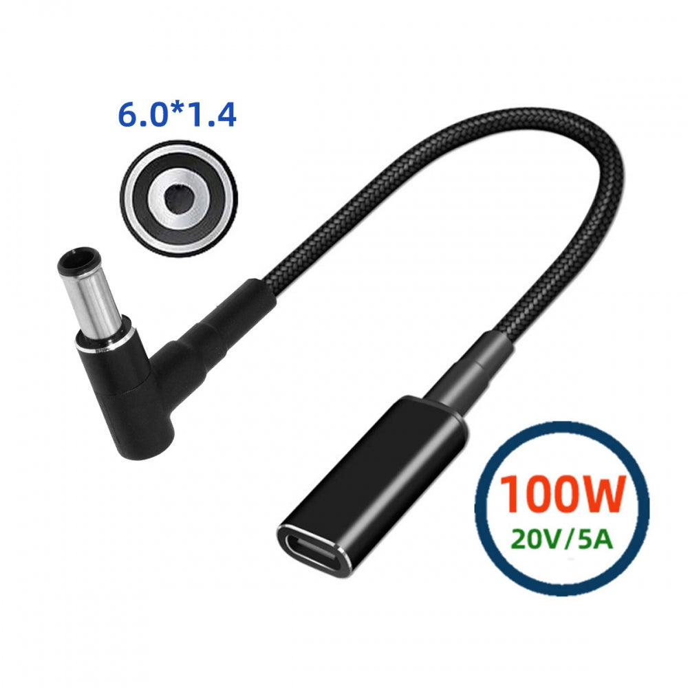 100W Type-C USB-C Female Input to DC 6.0*1.4mm Plug Output Power 20V 5A PD Charge Cable 16cm for Laptop