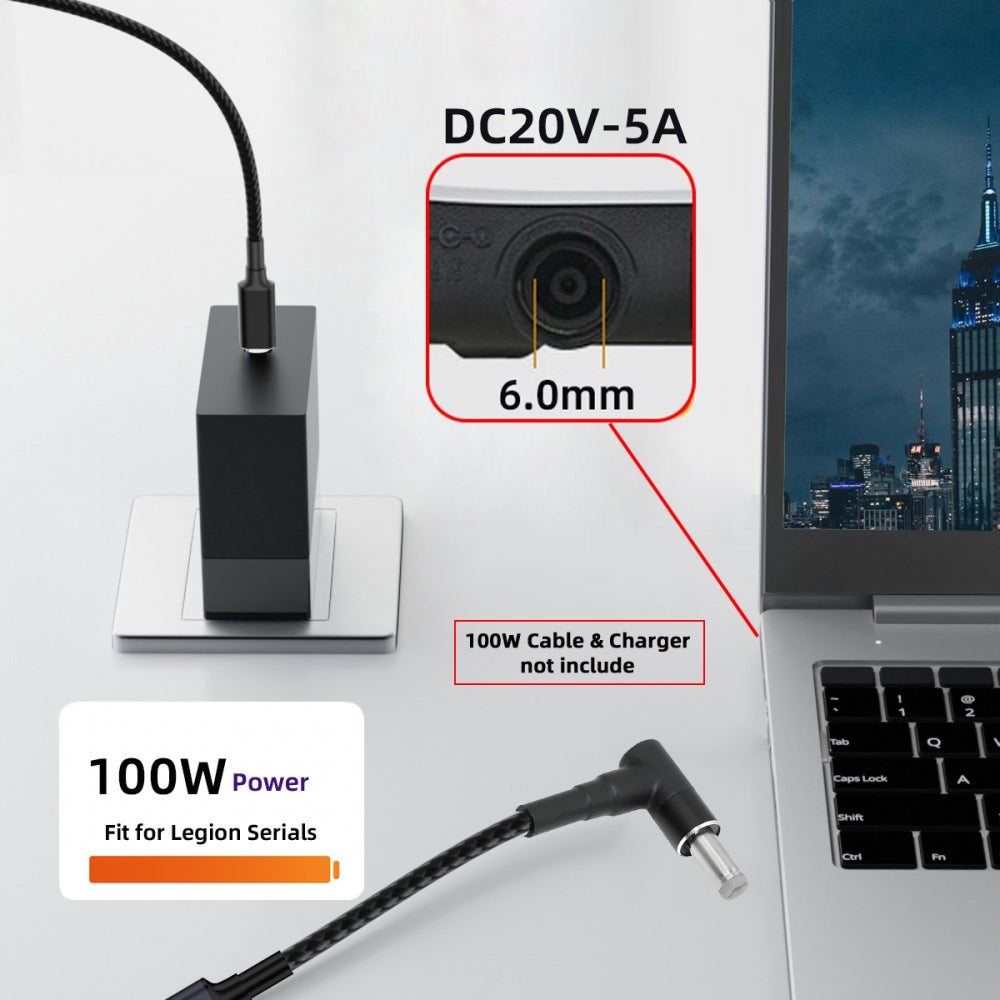 100W Type-C USB-C Female Input to DC 6.0*1.4mm Plug Output Power 20V 5A PD Charge Cable 16cm for Laptop