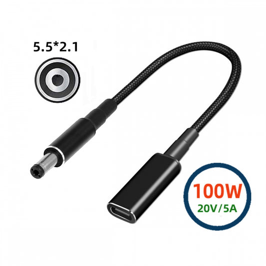 100W Type-C USB-C Female Input to DC 5.5*2.1mm Plug Output Power 20V 5A PD Charge Cable 16cm for Laptop