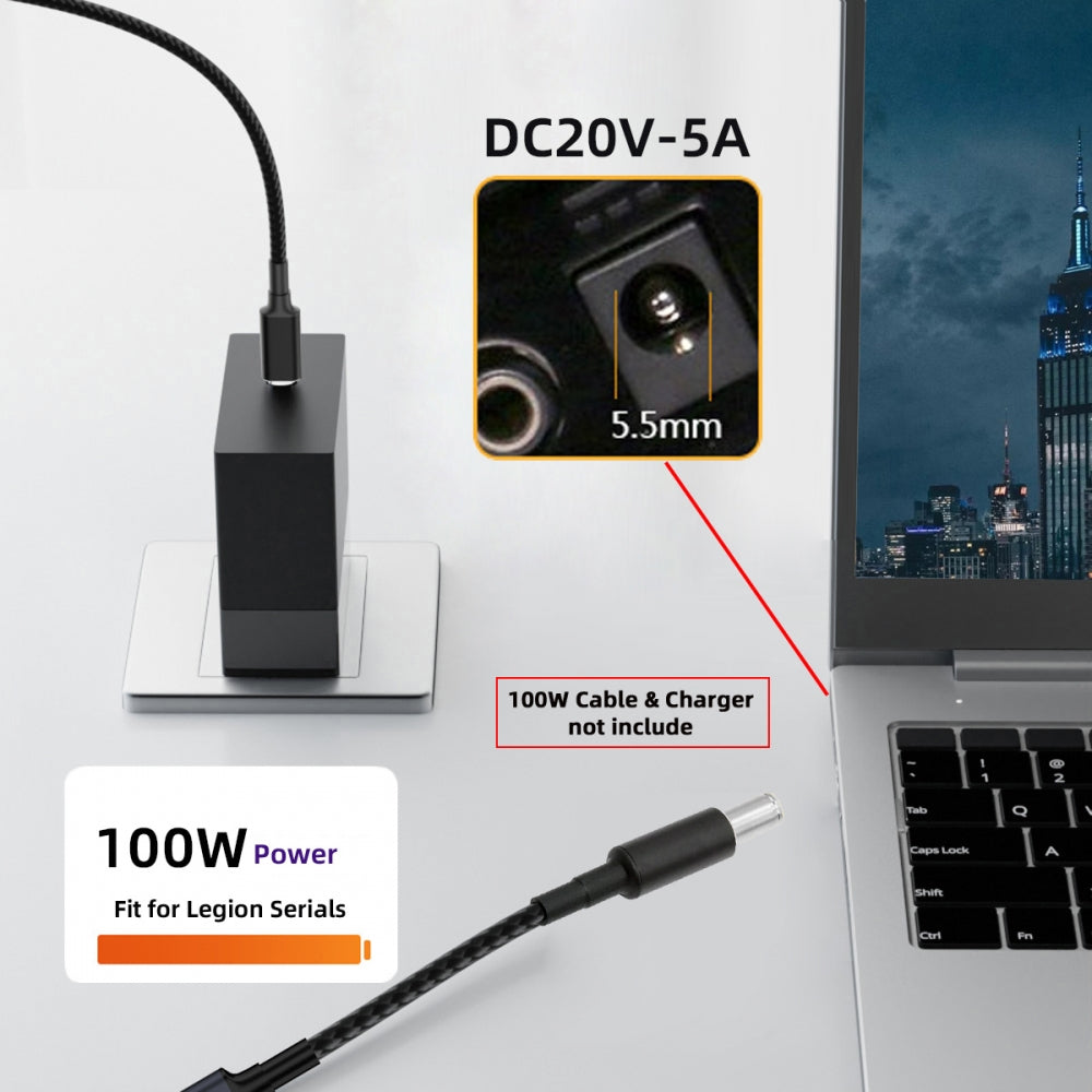 100W Type-C USB-C Female Input to DC 5.5*2.1mm Plug Output Power 20V 5A PD Charge Cable 16cm for Laptop