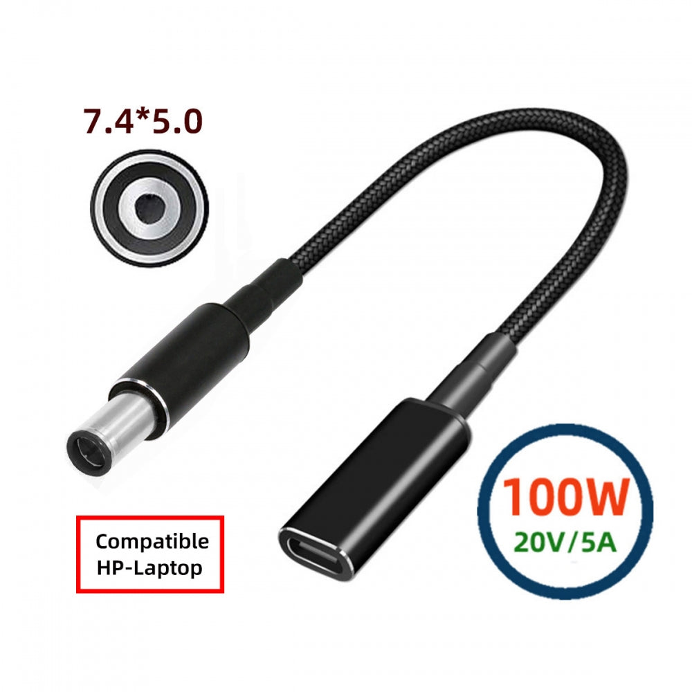 100W Type-C USB-C Female Input to DC 7.4*5.0mm Plug Output Power 20V 5A PD Charge Cable 16cm Compatible with HP-Laptop