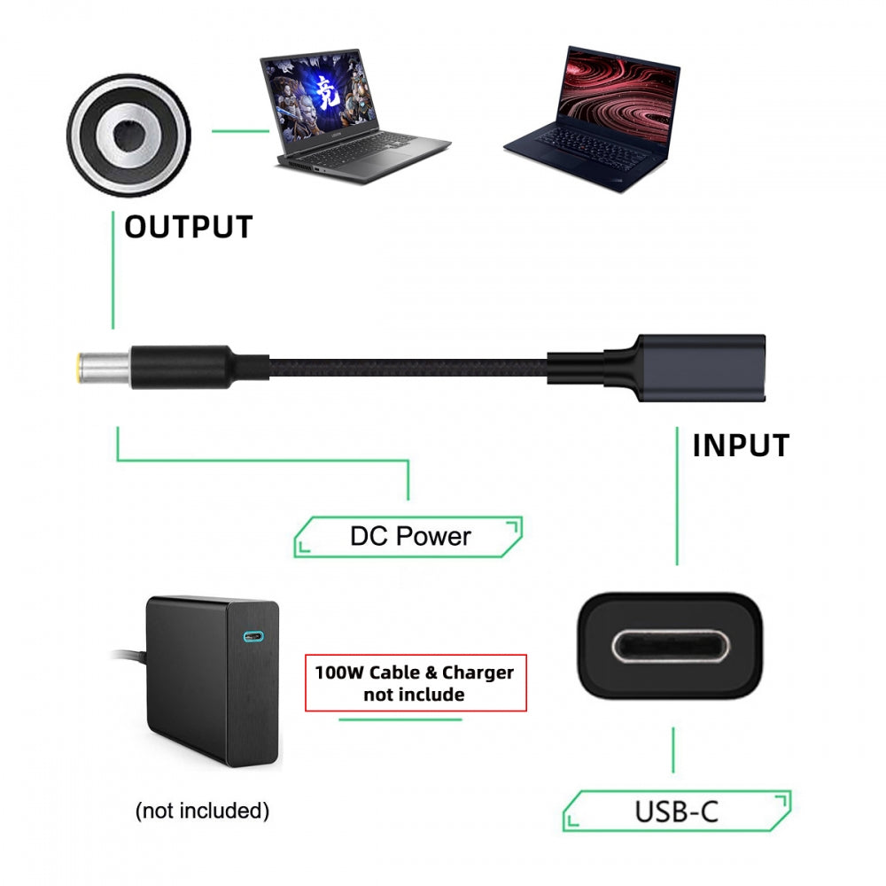 100W Type-C USB-C Female Input to DC 7.4*5.0mm Plug Output Power 20V 5A PD Charge Cable 16cm Compatible with HP-Laptop