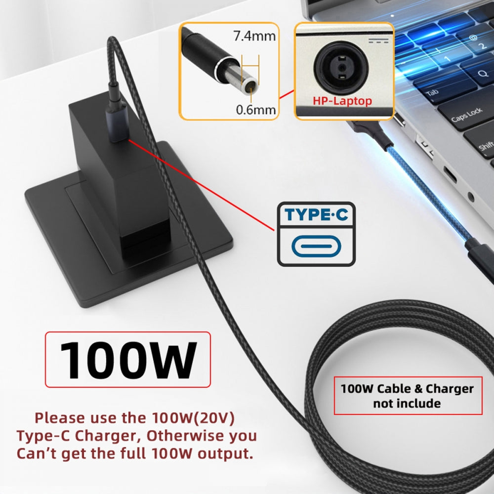 100W Type-C USB-C Female Input to DC 7.4*5.0mm Plug Output Power 20V 5A PD Charge Cable 16cm Compatible with HP-Laptop