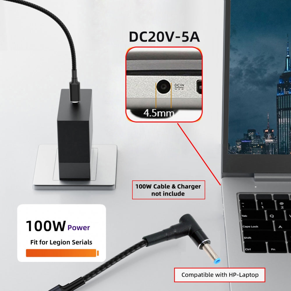 100W Type-C USB-C Female Input to DC 4.5*3.0mm Plug Output Power 20V 5A PD Charge Cable 16cm Compatible with HP-Laptop