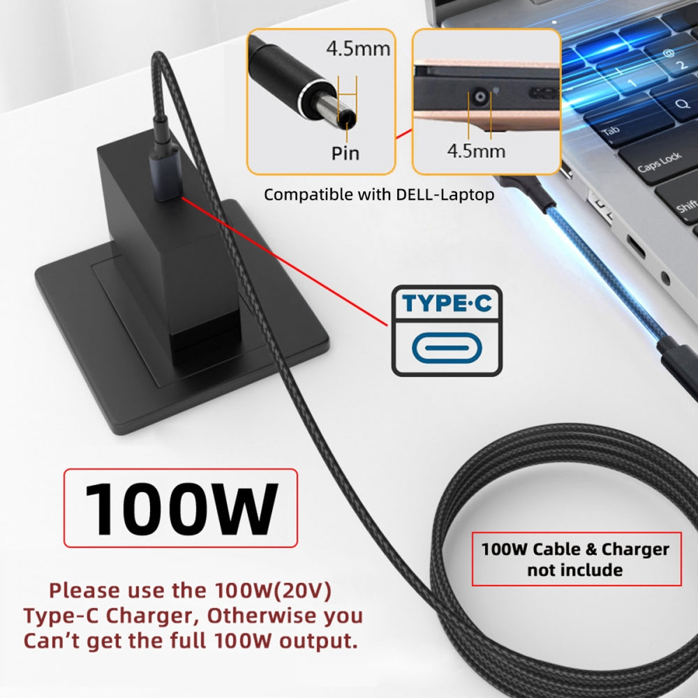 100W Type-C USB-C Female Input to DC 4.5*3.0mm Plug Output Power 20V 5A PD Charge Cable 16cm Compatible with DELL-Laptop