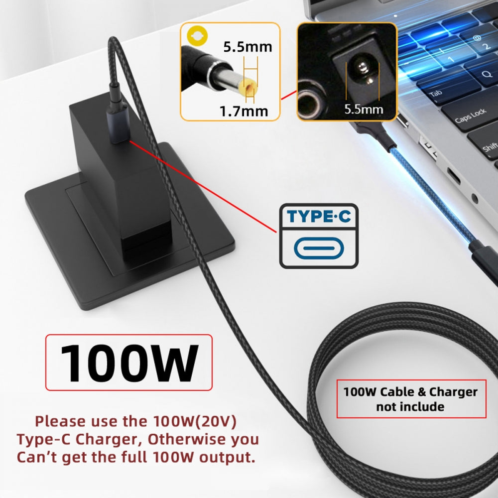 100W Type-C USB-C Female Input to DC 5.5*1.7mm Plug Output Power 20V 5A PD Charge Cable 16cm for Laptop