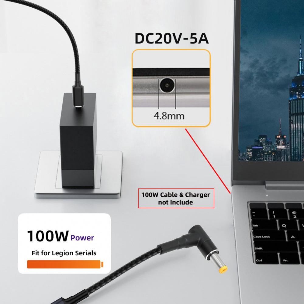 100W Type-C USB-C Female Input to DC 4.8*1.7mm Plug Output Power 20V 5A PD Charge Cable 16cm for Laptop