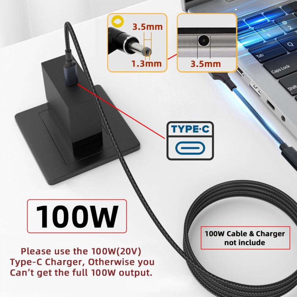 100W Type-C USB-C Female Input to DC 3.5*1.3mm Plug Output Power 20V 5A PD Charge Cable 16cm for Laptop