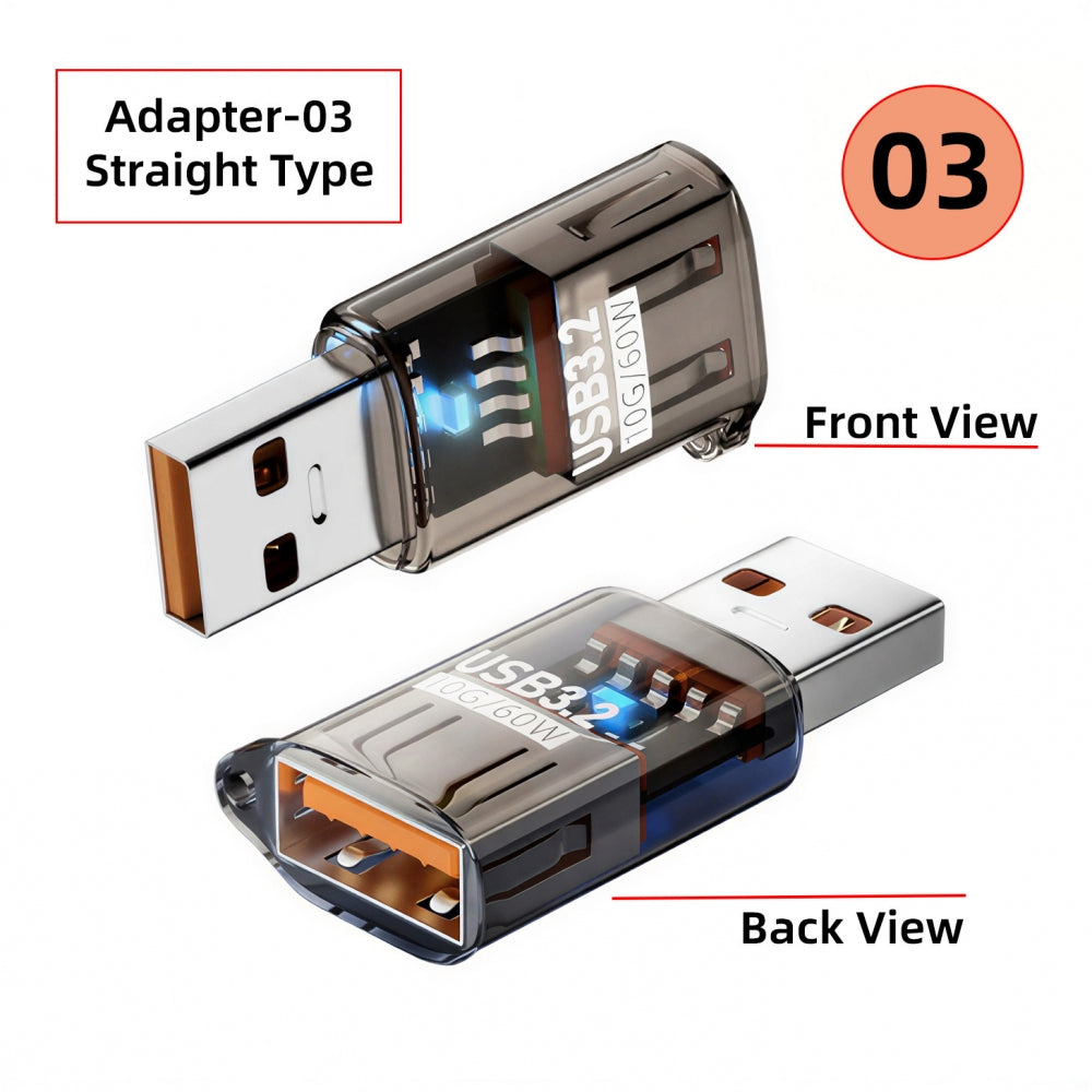 3pcs/lot Left Right Angled 10Gbps USB3.0 Male to Female Extension Power Data Adapter 90 Degree Type Transparent with Smart LED Light