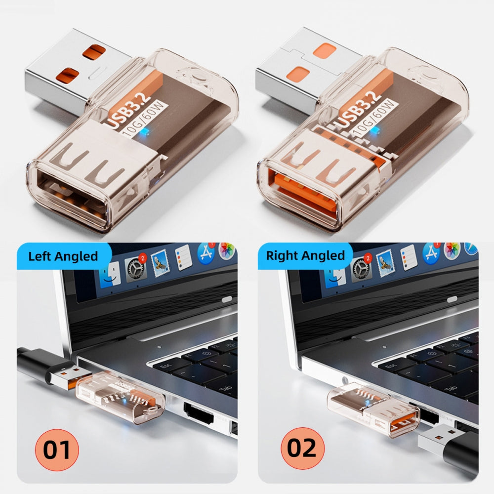 3pcs/lot Left Right Angled 10Gbps USB3.0 Male to Female Extension Power Data Adapter 90 Degree Type Transparent with Smart LED Light
