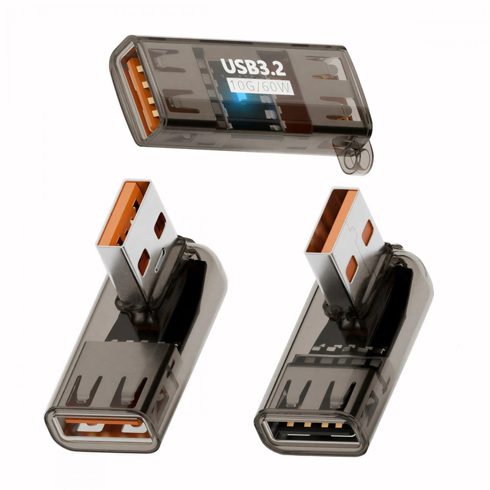 3pcs/lot Low Profile Right Left Angled Type 10Gbps USB3.0 Male to Female Extension Power Data Adapter 90 Degree Transparent with Smart LED Light