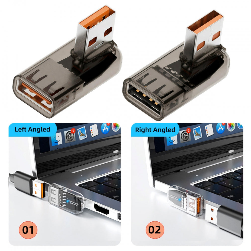 3pcs/lot Low Profile Right Left Angled Type 10Gbps USB3.0 Male to Female Extension Power Data Adapter 90 Degree Transparent with Smart LED Light