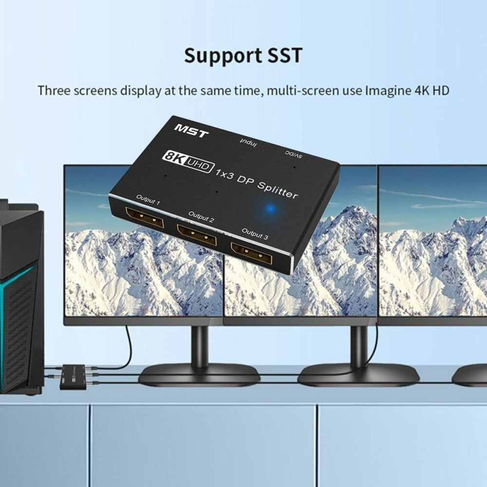 DisplayPort 2.0 DP 1-to-3 Triple Displays Extends HUB Splitter Support HDCP SST Extended 8K@60hz Convertor