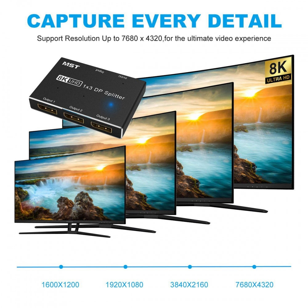 DisplayPort 2.0 DP 1-to-3 Triple Displays Extends HUB Splitter Support HDCP SST Extended 8K@60hz Convertor