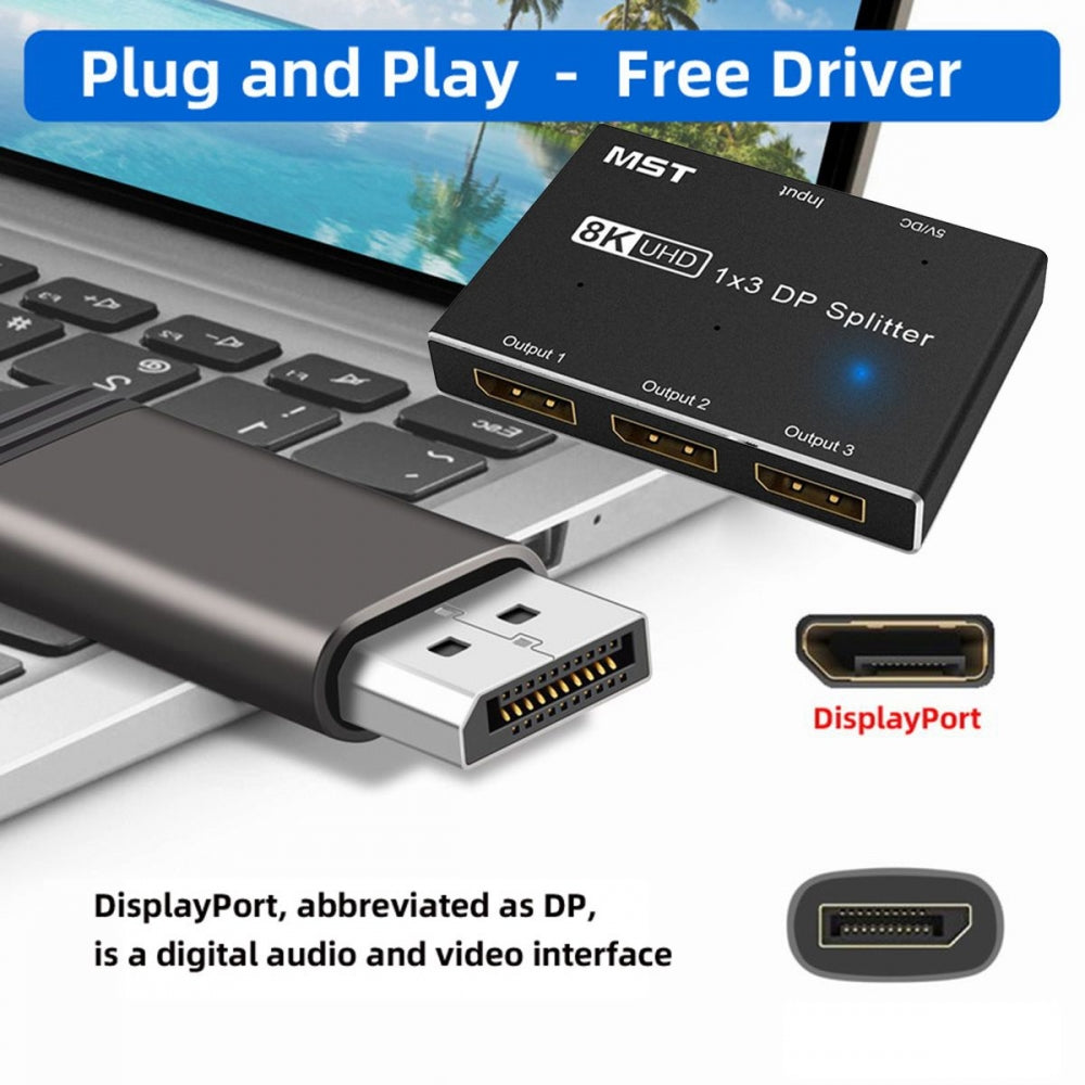 DisplayPort 2.0 DP 1-to-3 Triple Displays Extends HUB Splitter Support HDCP SST Extended 8K@60hz Convertor