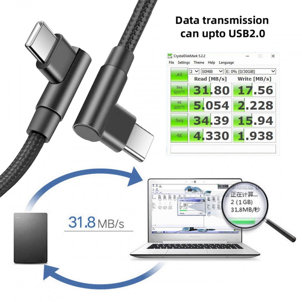 USB-C Type C Male to Male PD 65W Power Dual Right Angled 90 Degree 480Mbps Data Cable Sleeve for Phone & Tablet & Laptop