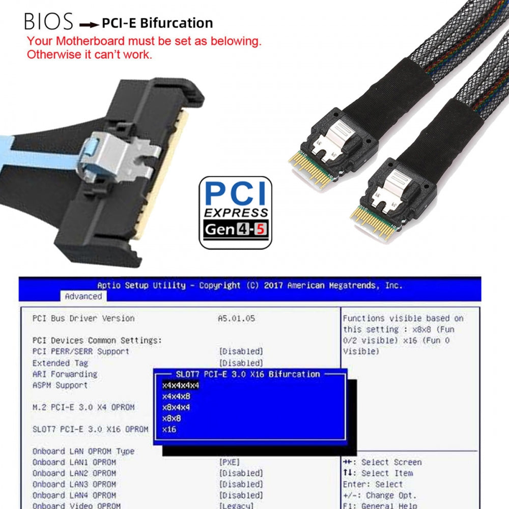 PCI-E 5.0 Mini Cool Edge IO MCIO STR PCI-E 8i 74Pin Male to Dual SFF-8654 Slimline 4x Male Extender Cable 50cm