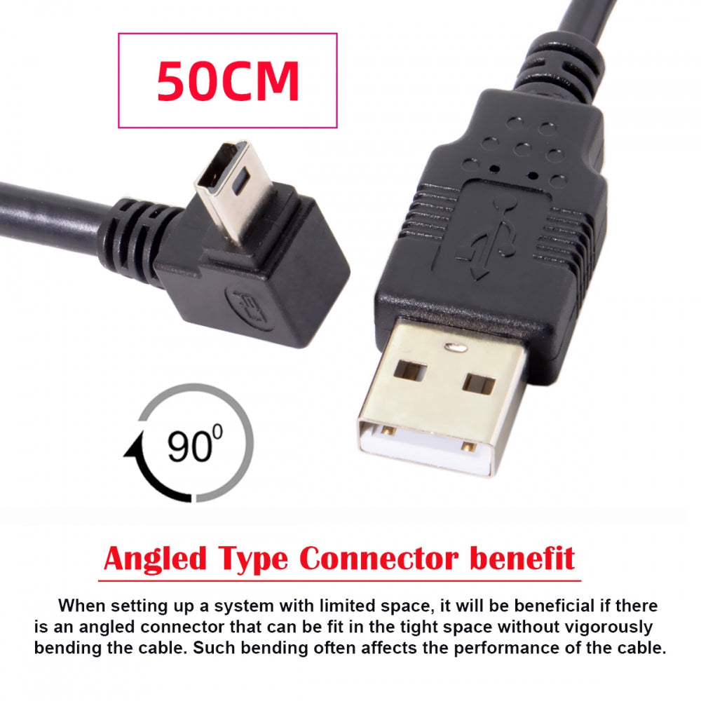 Mini USB2.0 Type-B 5Pin Male Down Angled 90 Degree Connector to USB 2.0 Type-A Male Power Data Cable for Camera GPS MP3 MP4 (50cm)