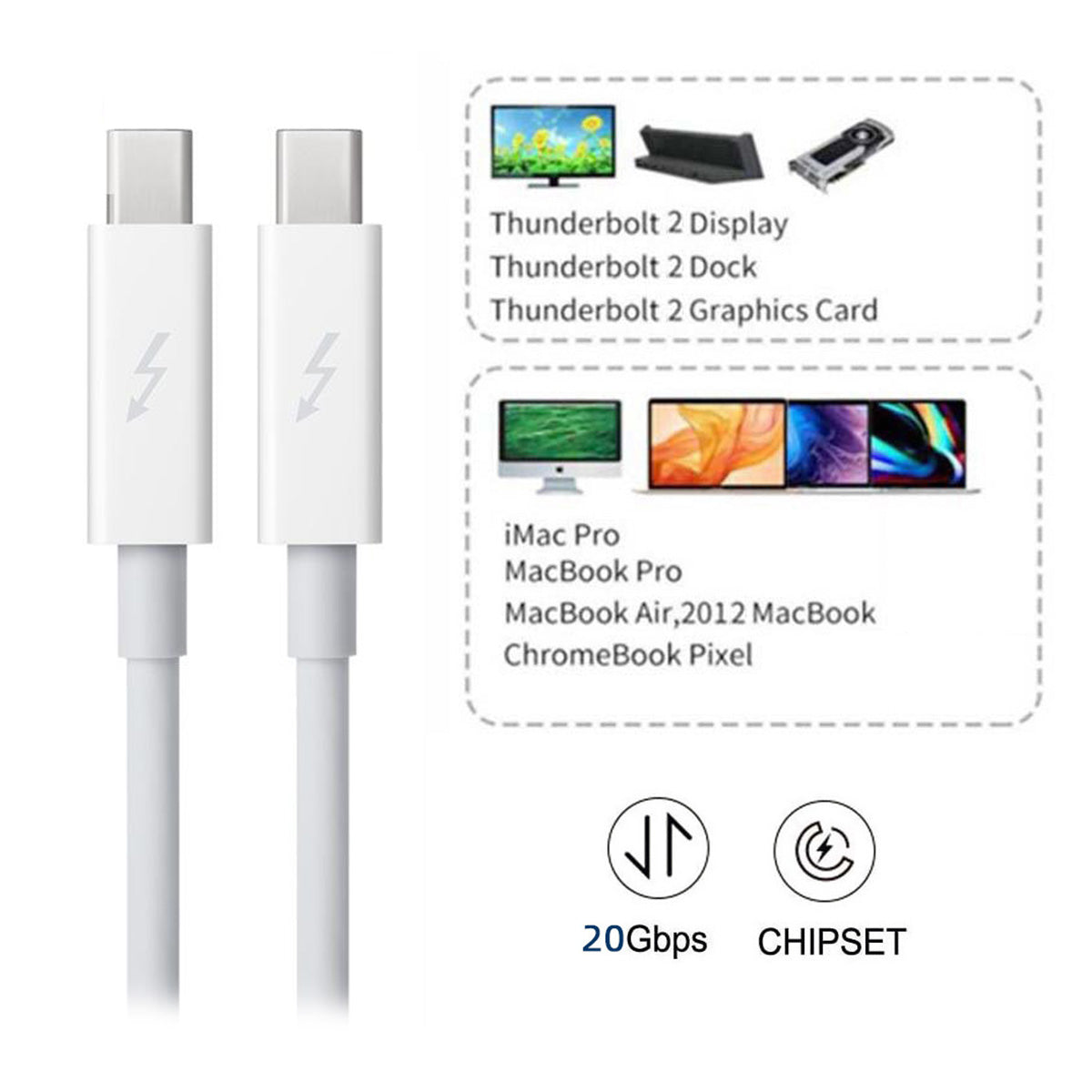 Chenyang ThunderBolt 2 Port to ThunderBolt 2 Male to Male Video Data Cable for Mac 2013 2014 2015 2.0m DP-017